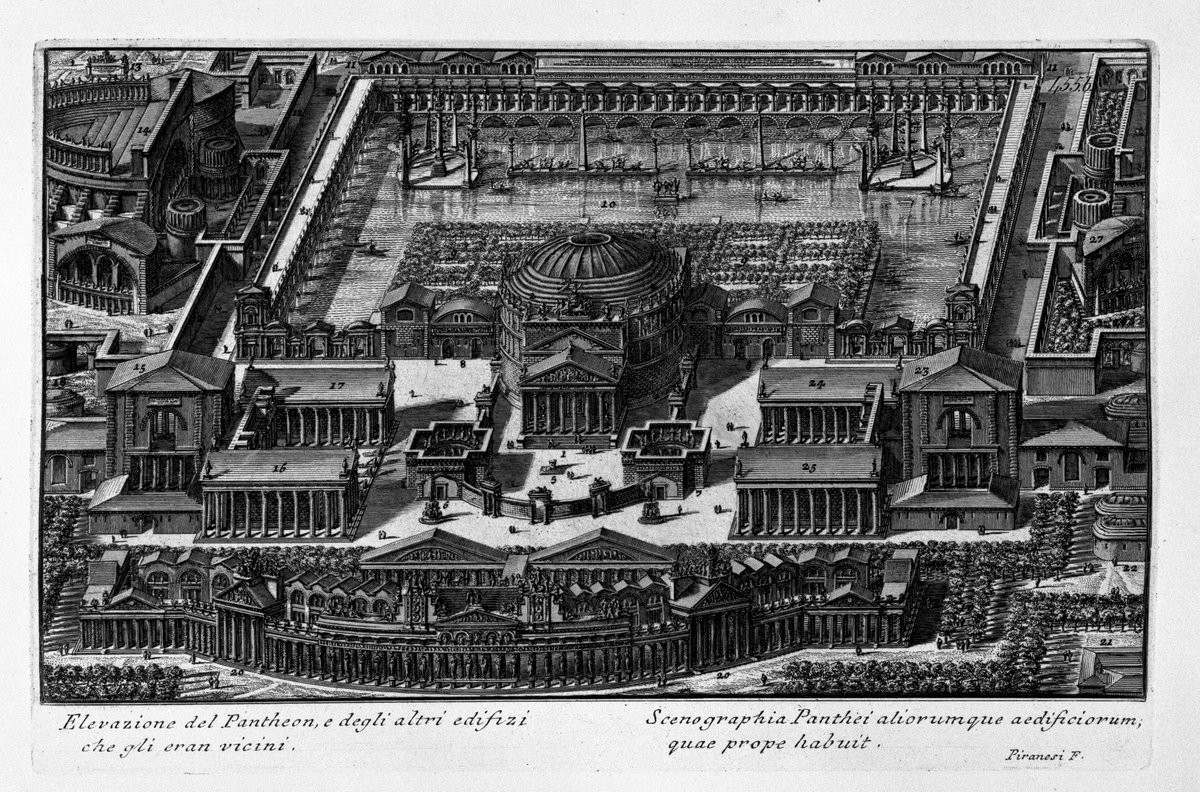 RebuiltWorlds's tweet photo. The Pantheon around 126 AD. Then today.
Hadrian's porch once carried a bronze pediment relief. Drill holes still map where it sat. Bronze and marble were stripped over the centuries. The concrete dome survived. https://t.co/TphzRYsMd0