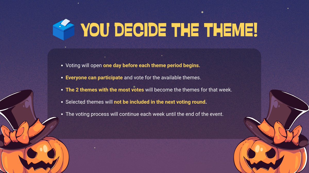 soIarhythm's tweet photo. ๐THE THEMES HAVE ARRIVED!๐ป
Itโs time to reveal whatโs waiting in the shadows this October๐ฏ๏ธ
Take a look at the themes and cast your vote for the ones you want to see brought to life!
What will the first week have in store for us?๐
#SunNoteSpooktober #SunNote #3rdTanggaNada https://t.co/atFPd2KSjj