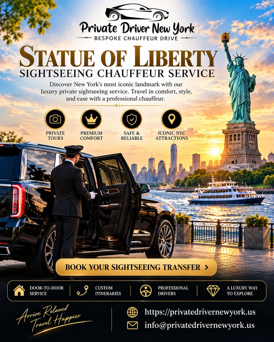 privatedriverNY's tweet photo. Explore the Statue of Liberty and New York in comfort. 
Choose Private Driver New York for professional sightseeing transportation.

✓ Private tours
✓ Door-to-door service
✓ Custom itineraries
✓ Premium comfort

🌐  https://t.co/2BXxTZiBTb
📧 info@privatedrivernewyork.us https://t.co/hlM9hHYoZE