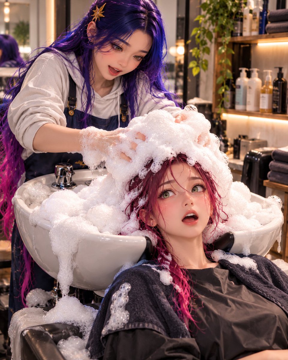 AikoLinLab's tweet photo. 🧪 EXPERIMENT #170

💚 Su: “Aiko… how much shampoo did you use?”

💙 Aiko: “Not that much.”

💚 Su: “AIKO, I CAN’T SEE THE SINK ANYMORE!”

💙 Aiko: “...Maybe a little too much.” 🫧😂

#AikosLab #AikoLin #SuRan #AikoWorld #AIArt #Comedy https://t.co/XjCSkL6Jwd