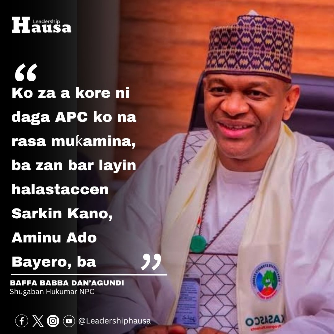LeadershipHausa's tweet photo. “Ba zan bi Sanusi Lamido Sanusi ba, saboda ga mutumin da na yarda shi ne halastaccen Sarki, kuma shi ne ra’ayina.”

Dan’agundi ya bayyana haka ne a wata tattaunawa da aka yi da shi a Kano. https://t.co/HvbxJteWb0