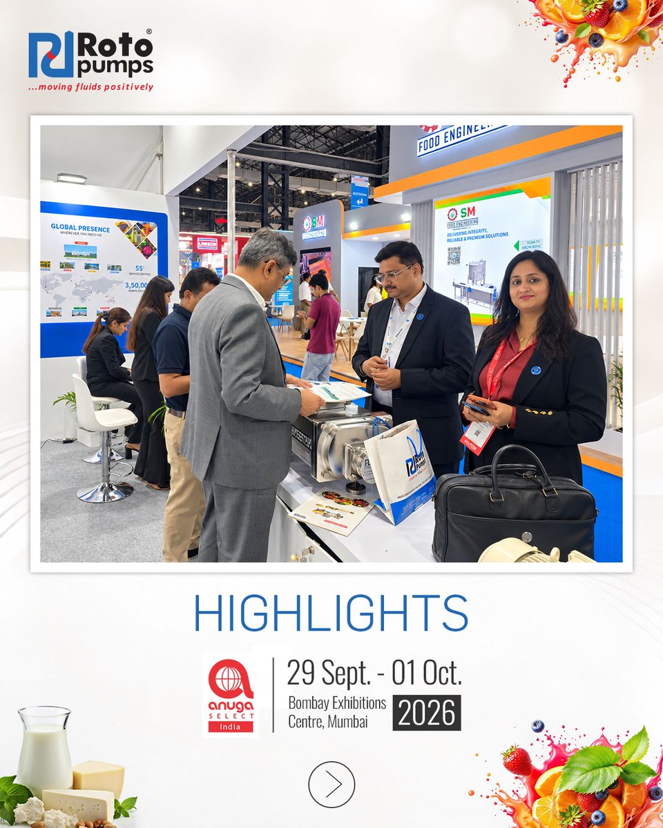 Rotopump's tweet photo. #RotoPumps has taken a grand leap on Day 1 at #ANUGA FoodTec #Mumbai.
The launch of our next-generation "#Hygenix Series Pumps" created an incredible buzz. Missed Launch Day? You still have one more day
29 September – 01 October 2026
Booth J64 | Hall 03
Bombay Exhibition Centre https://t.co/39AagtTRmS