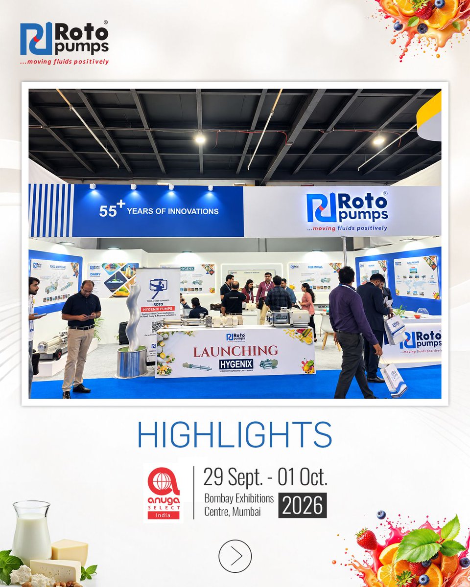 Rotopump's tweet photo. #RotoPumps has taken a grand leap on Day 1 at #ANUGA FoodTec #Mumbai.
The launch of our next-generation "#Hygenix Series Pumps" created an incredible buzz. Missed Launch Day? You still have one more day
29 September – 01 October 2026
Booth J64 | Hall 03
Bombay Exhibition Centre https://t.co/39AagtTRmS