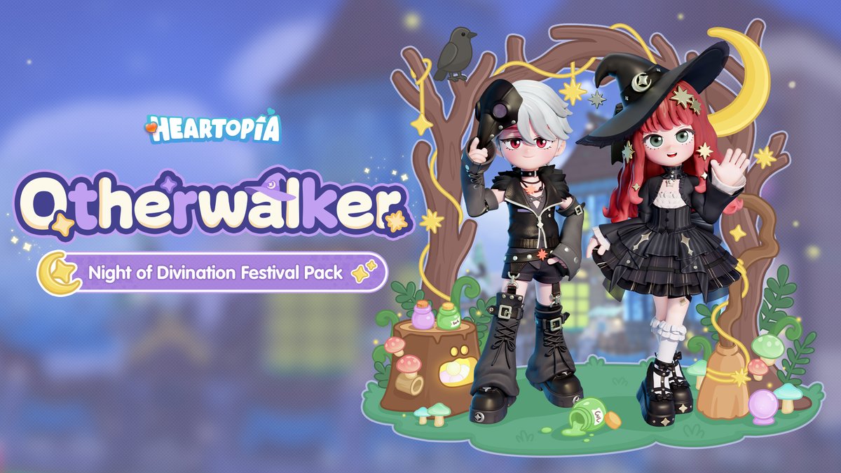 MyHeartopia's tweet photo. Night of Divination Festival Pack | Otherwalker

As night falls... get ready for some mischief! 🎃

On October 10, the new Festival "Night of Divination" will begin. After reaching D.G. Member Level 7 and completing the beginner Main Story quests, you'll unlock the Festival and be able to claim a free Thank-You Gift in the Festival Catalog, including the "Relief Cottage" furniture set, building materials, and other generous rewards. Explore festival-limited collectibles and raise your Collection Points to get free Time-Limited Exhibition Passes from the Catalog.

※ The Time-Limited Exhibition Passes from this Festival can be used during the following period: October 10, 2026 - November 28, 2026, 5:59 AM. (Server Time)

Purchase any Festival Pack and increase your Festival Level to obtain Heart Diamonds, Exhibition Passes, Pet Costumes, a limited-edition instrument, the themed outfit sets "Otherwalker (Witch)” and "Otherwalker (Crow)," the "Whisper of Gloomwood" building material set, selected furniture, and many other rewards.

Purchase the Supreme Festival Pack to receive additional rewards, including the Verdant Old Tree Building Permit, the Pumpkin Wizard Chat Bubble, and a 10% Festival Token selling bonus.

#heartopia