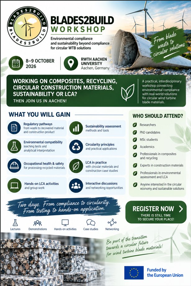 blades2build's tweet photo. ♻️ Working on composites, recycling, circular construction materials, sustainability or LCA? Then join us in Aachen!

The BLADES2BUILD Workshop – “Environmental Compliance and Sustainability Beyond Compliance for Circular WTB Solutions” is approaching, and registration is still open! 🌍

📅 8–9 October 2026

📍 RWTH Aachen University, Aachen, Germany

Why participate? Because moving from end-of-life wind turbine blades to circular solutions requires much more than recycling alone.

Over two days, we will connect regulation, environmental testing, safety, sustainability and practical assessment through:

🔎 Regulatory pathways from waste to recovered material and construction product

🧪 Environmental compatibility, leaching tests and analytical interpretation

👷 Occupational health & safety for processing recycled materials

🌱 Sustainability assessment methods and tools

♻️ Circularity principles and practical applications

📊 LCA in practice, with circular materials and construction case studies

💻 Hands-on LCA activities and group work

🤝 Interactive discussions and opportunities to exchange knowledge with other participants

Whether you are a researcher, PhD candidate, student or academic professional working in composites, recycling, construction materials, environmental assessment or circular economy, this workshop offers an opportunity to deepen your knowledge and connect different aspects of circular material development.

💡 Two days. From compliance to circularity. From testing to hands-on application.

👉 There is still time to register — secure your place and join us at RWTH Aachen University!

📃 https://t.co/FZz6J9GEvA

#blades2build #windenergy #europeanunion #horizoneurope #innovation #project #energy #circulareconomy #recycle #reuse #repurpose #composites #decarbonisation #europe #europeancommission #sustainability #industry