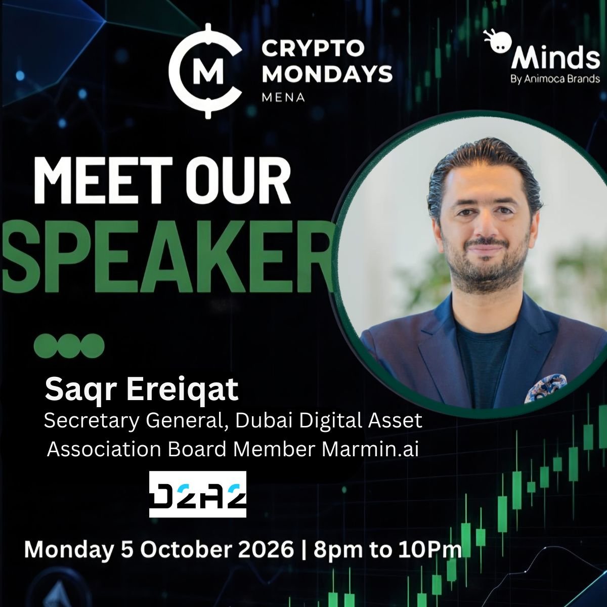 CryptoMondaysME's tweet photo. At the next CryptoMondays MENA, we are excited to host @DxBlockChain , Secretary General of the Dubai Digital Asset Association&amp; Board Member of https://t.co/9wWz2iJ8lT.
​ Special partnership with @hellominds_
​📅 Mon, Oct 5, 2026
⏰ 8PM - 10PM
Register- https://t.co/IXJlp75zYv https://t.co/oF8swAXYnz