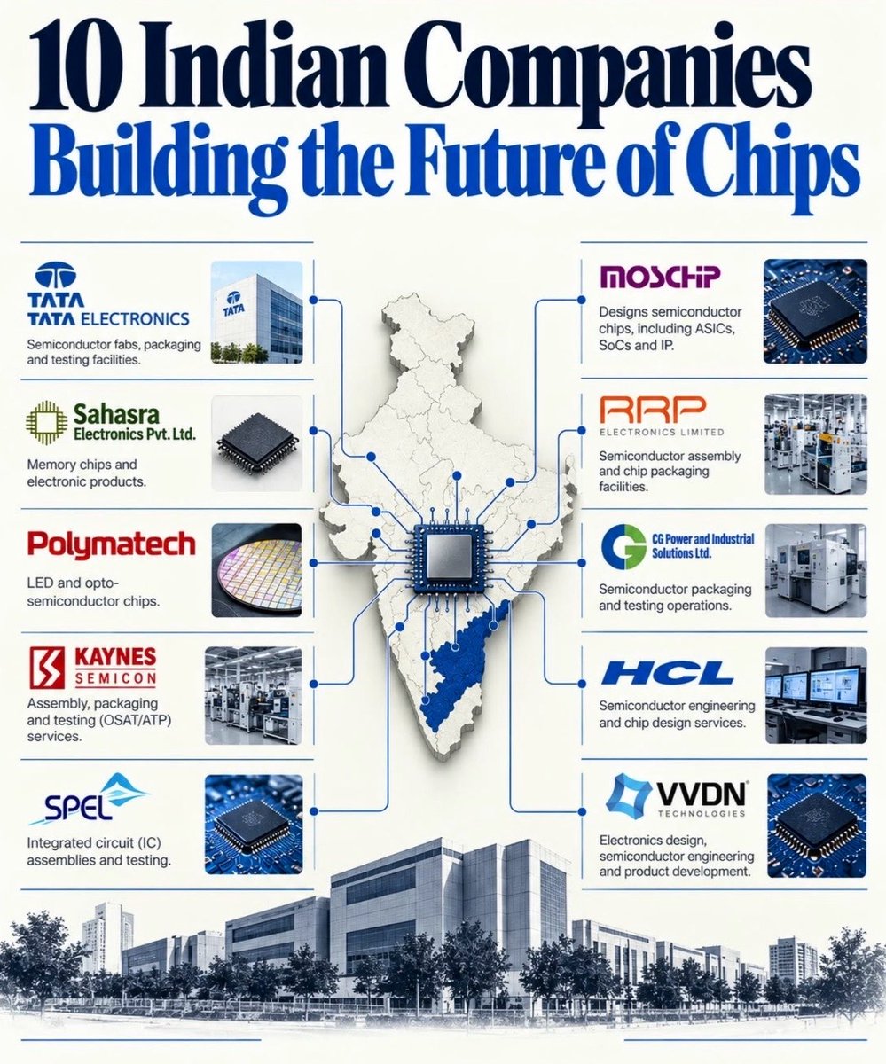 Anvith_'s tweet photo. 🖥️ India’s Top 10 Semiconductor Vanguard

India's semiconductor ecosystem is expanding fast - here are 10 companies driving the country's chip manufacturing ambitions:

1️⃣ Tata Electronics - Semiconductor fabs, packaging and testing facilities
2️⃣ Sahasra Electronics - Memory chips and electronic products
3️⃣ Polymatech - LED and opto semiconductor chips
4️⃣ Kaynes Semicon - Assembly, packaging and testing (OSAT/ATP) services
5️⃣ SPEL - Integrated circuit (IC) assemblies and testing
6️⃣ MosChip - Designs semiconductor chips, including ASICs, SoCs and IP
7️⃣ RRP Electronics - Semiconductor assembly and chip packaging facilities
8️⃣ CG Power and Industrial Solutions - Semiconductor packaging and testing operations
9️⃣ HCL - Semiconductor engineering and chip design services
🔟 VVDN Technologies - Electronics design, semiconductor engineering and product development

💡 From fabs to design to assembly - India is building capability across the entire semiconductor value chain.

🚫 No Recommendation.

💭 Which of these companies do you think will lead India's chip revolution? Drop your thoughts below