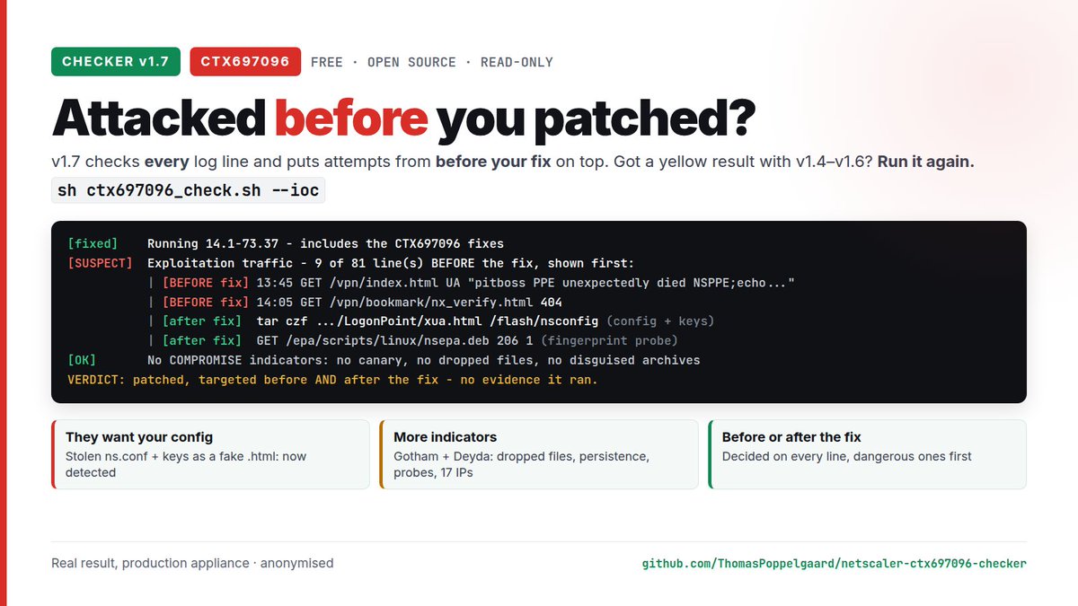 _POPPELGAARD's tweet photo. 🚨 NetScaler CTX697096: checker v1.7 is out.
If v1.4–v1.6 told you "all attacks came after the fix", run v1.7 again. On a production box, older versions missed an exploit attempt from 1.5 h BEFORE the patch, hidden in a rotated log. v1.7 checks every line and puts [BEFORE fix] on top.
Attackers now go for config + keys: one payload tar'ed /flash/nsconfig into a fake .html for download. v1.7 flags it, whatever the name.
New: 17 attacker IPs, dropped files, persistence, "ARMED" payloads on unpatched boxes.
Citrix also updated the Console IoC scan on 29 Sep. Re-scan.
Thanks @GothamTG , @Deyda84  & Michael Shuster @FerroqueSystems  🙏
#NetScaler #CTX697096 #Security #IOC