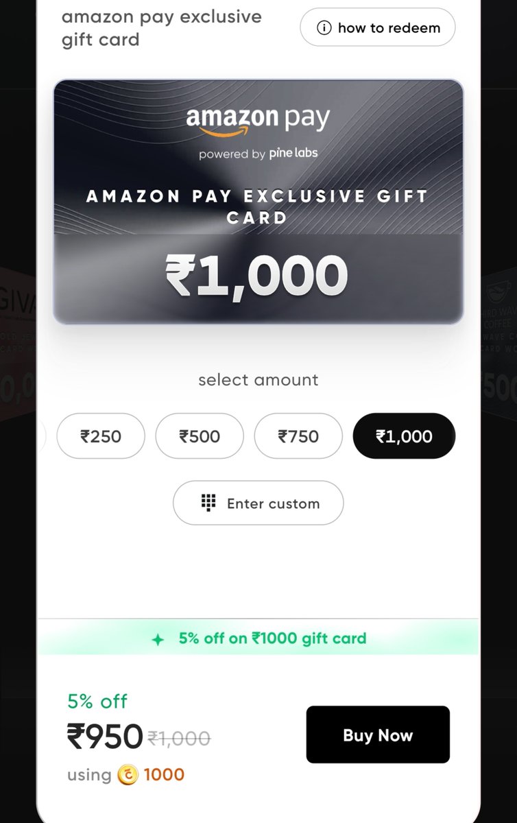SartanparaYash's tweet photo. Didnt expect such scam from @CRED_club 

Gave offer for 5% off on ₹5000 amazon pay

But now its allowing 5% on ₹1000 only. There is no 5k GV.

Main thing is they took 1L cred coins. https://t.co/1yKeQEV5ij