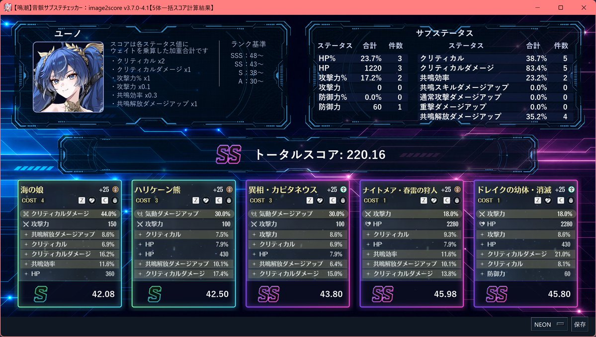 tangerinelionPC's tweet photo. 鳴潮画面から2クリックで音骸をスコア化するアプリ。
v3.7.0-4.1：本日解禁の心まで全キャラ対応ｺﾝ🦊
🌽との同奏・協同シナジーは...

🍊アプリ置き場：https://t.co/lwPdf8l5mK
🍊動作要件：Windows/16:9,21:9/ja
🍊インストール不要

#鳴潮 #音骸サブステチェッカー #心 #千咲 #ユーノ https://t.co/iHX1XrTkK2