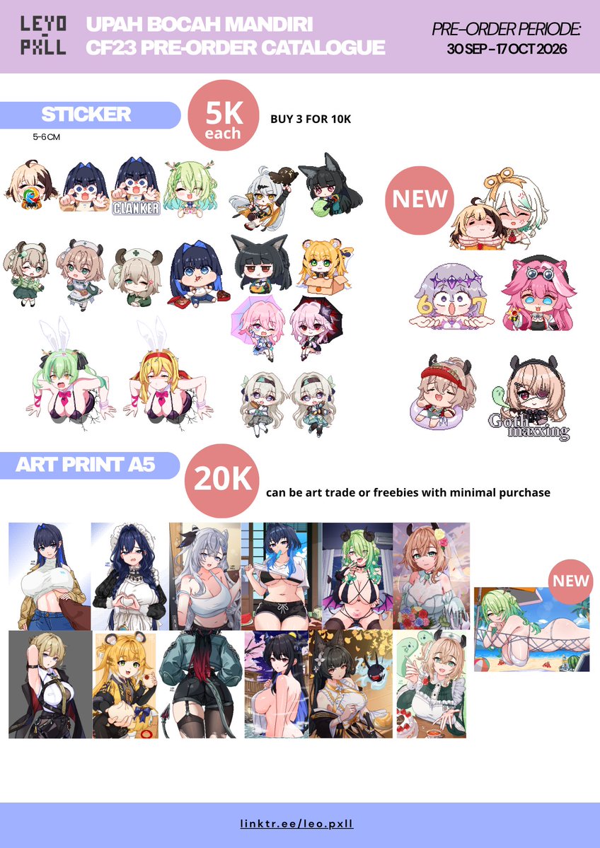 leyo_pxll's tweet photo. [❤️+🔁appreciated!]
LEYO.PXLL Upah Bocah Mandiri #CF23
PO &amp; GIVEAWAY is here !

📒:30 sep - 17 oct 
🖌️:pick up both days &amp; mail
📚:Hololive, indie vtuber, Zzz, Hsr

pre-order here⏬
https://t.co/HB36Iqu1na

#comifuro23 #cf23catalogue https://t.co/2VHhpmmf5L