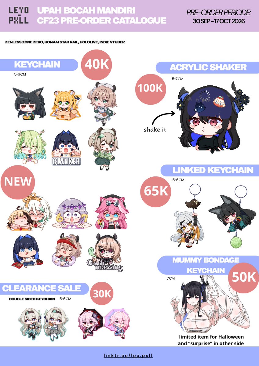 leyo_pxll's tweet photo. [❤️+🔁appreciated!]
LEYO.PXLL Upah Bocah Mandiri #CF23
PO &amp; GIVEAWAY is here !

📒:30 sep - 17 oct 
🖌️:pick up both days &amp; mail
📚:Hololive, indie vtuber, Zzz, Hsr

pre-order here⏬
https://t.co/HB36Iqu1na

#comifuro23 #cf23catalogue https://t.co/2VHhpmmf5L