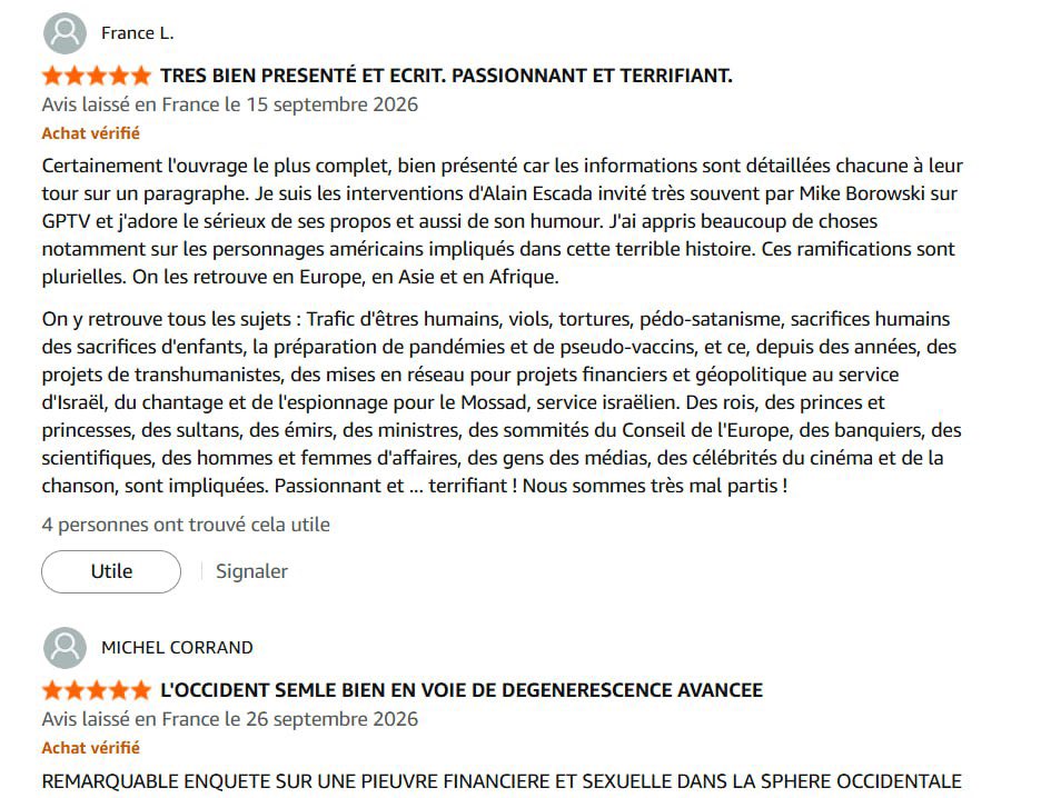 EscadaAlain_Off's tweet photo. Le livre "L'Affaire #Epstein, du Mossad à Satan", 335 pages d'informations sourcées à commander ici :
https://t.co/f2cFTPcEkK https://t.co/ZbGurdlUWN