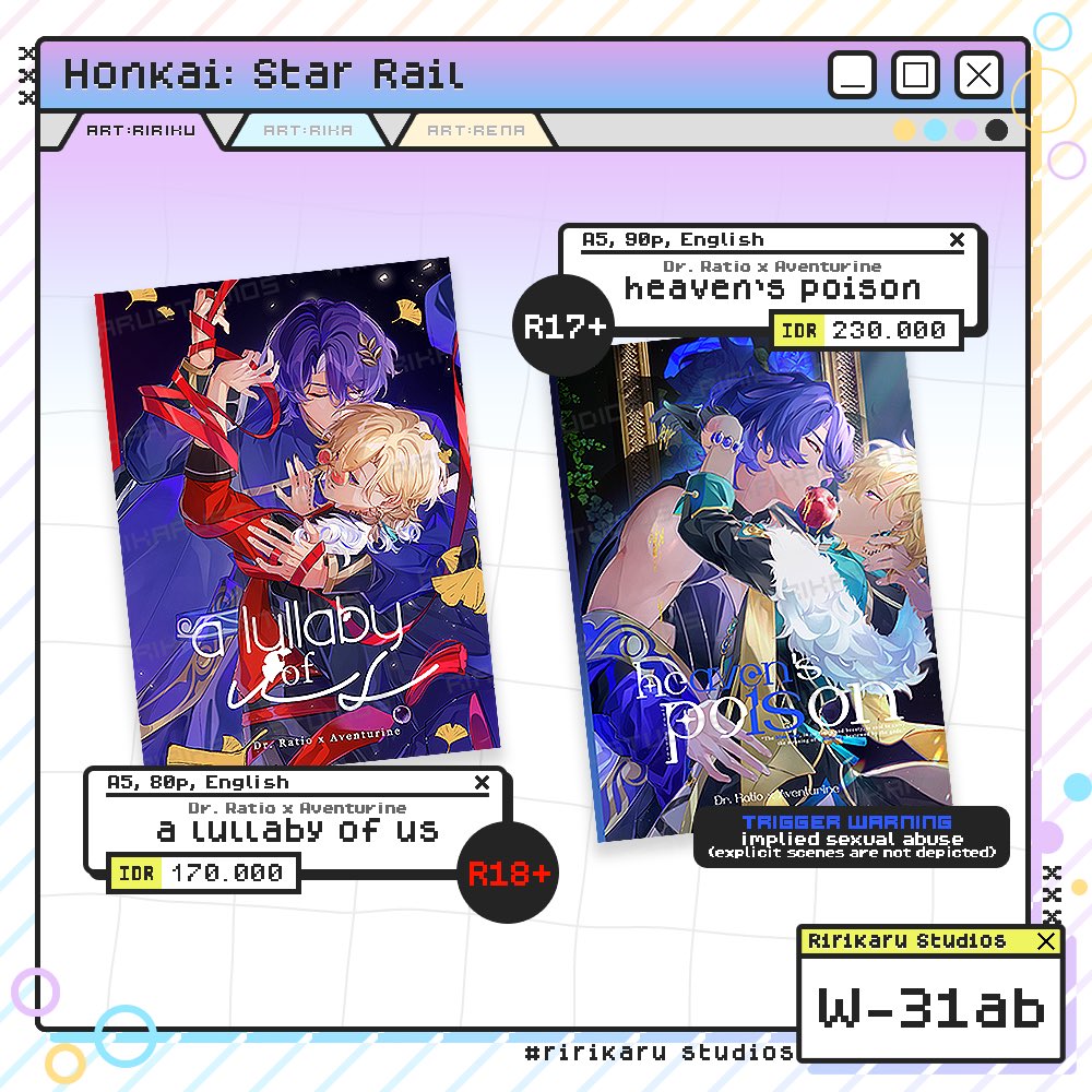 _ririku__'s tweet photo. [Like and share are really appreciated 💝] ✨✨

✨Ririku's CF23 PO &amp; GA✨

📅 30 Sep - 12 Oct 2026
💌 Pick up CF 23 W-31 both days
     &amp; Mail order 🇮🇩 local (GO please DM)
🎨 Honkai Star Rail, ratiorine

🔗 &amp; details below ⬇️ 

#cf23 #CF23catalogue

(1/3) https://t.co/T5JhTi9ySb