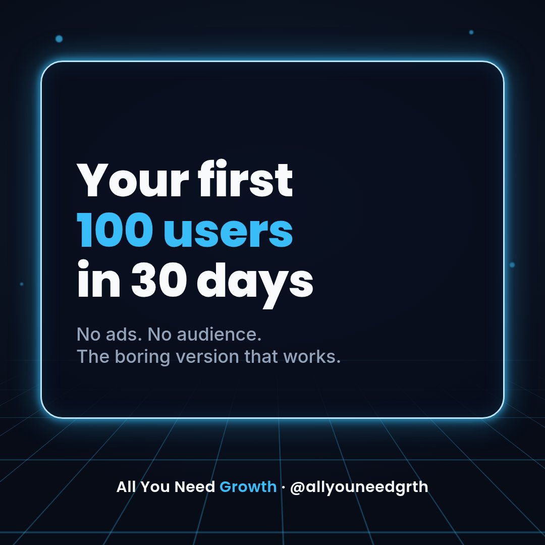 allyouneedgrth's tweet photo. I spent weeks writing down exactly how to get your first 100 users without ads or an audience.

30 days, one small task a day. 20 message templates, 38 AI prompts, a tracker. Free tools only.

It's called the First 100 Users Kit. Link in bio. https://t.co/PSSE2M3JDT
