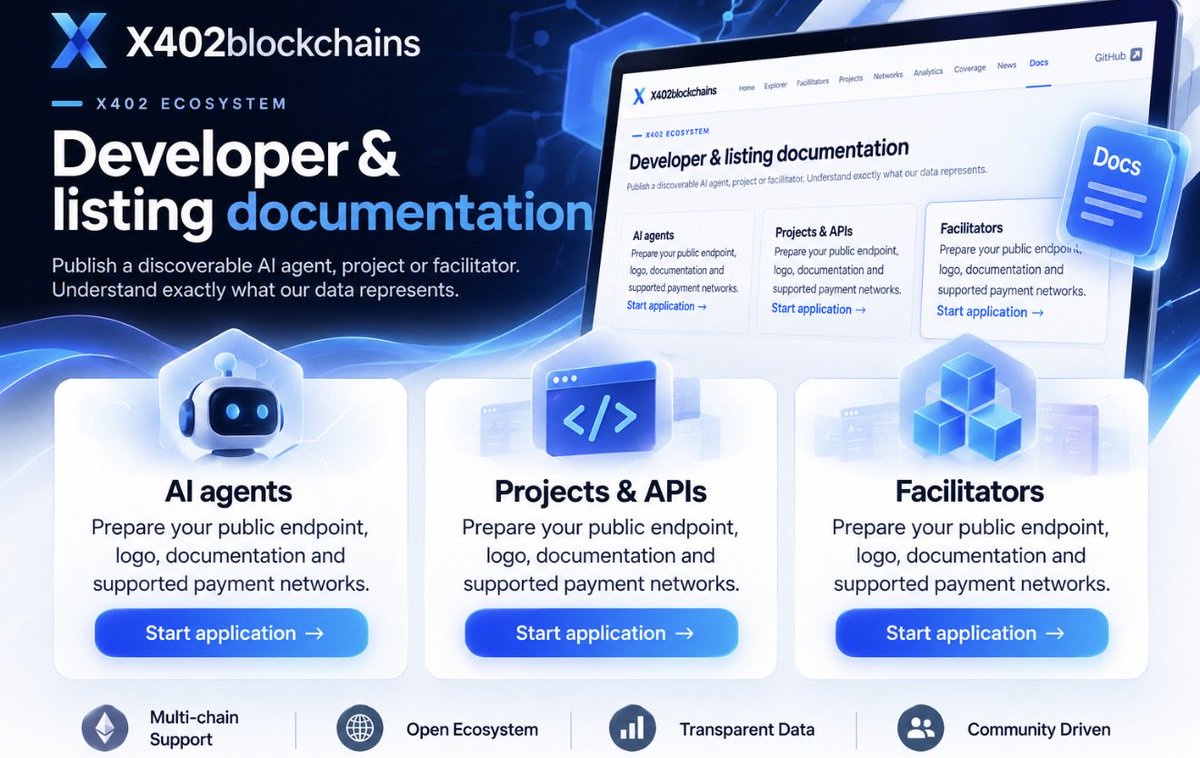 x402blockchains's tweet photo. 🚀 X402blockchains Developer & Listing Documentation is live.

Build and get discovered across the x402 ecosystem.

🤖 AI Agents
⚡ Projects & APIs
🔗 Facilitators

Prepare your public endpoint, logo, documentation and supported payment networks — then start your application.

🌐 Multi-chain support
🔓 Open ecosystem
📊 Transparent data
🤝 Community driven

Build. List. Get discovered.

#x402 #x402Ecosystem #AI #Web3 #Blockchain #BNBChain
