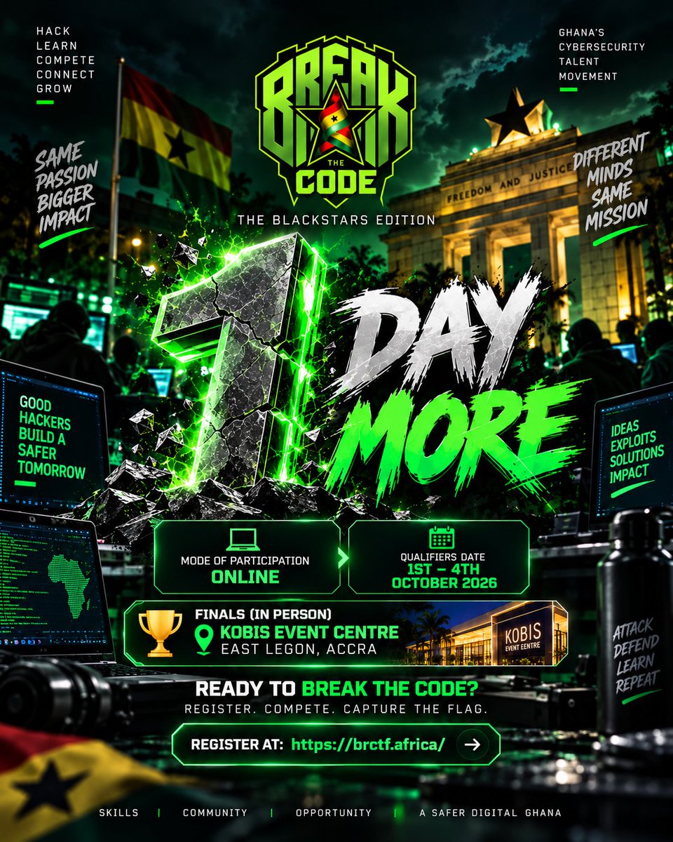 globaljoe09's tweet photo. @brCTF is back again for all CTF players in Ghana 🇬🇭! get registered and prove yourself 
#CTF
#Cybersecurity https://t.co/mJnDqfetPn