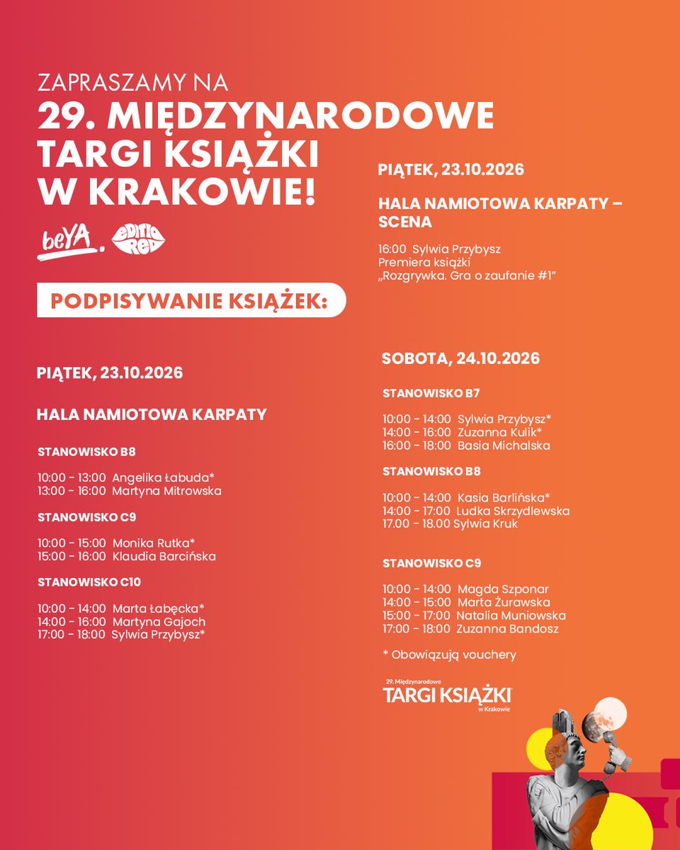 WydawnictwobeYA's tweet photo. Hej hej! Kraków! Widzimy się! 🧡 

Już 22-25.10 wracamy do Krakowa ‼️

A wraz z nami nasze wspaniałe autorki 📚

Wpadajcie na stoisko Grupy Helion nr D31 do hali Wisła 👈

I na spotkania w piątek i w sobotę! https://t.co/7gJwj0aAtF