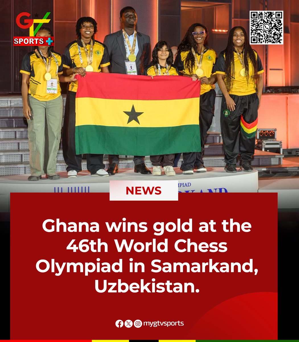 mygtvsports's tweet photo. 🇬🇭🏆 Ghana wins gold at the 46th World Chess Olympiad in Samarkand, Uzbekistan!

A historic achievement for Ghanaian chess on the world stage. ♟️

#GTVSports https://t.co/DrRPT60kZi