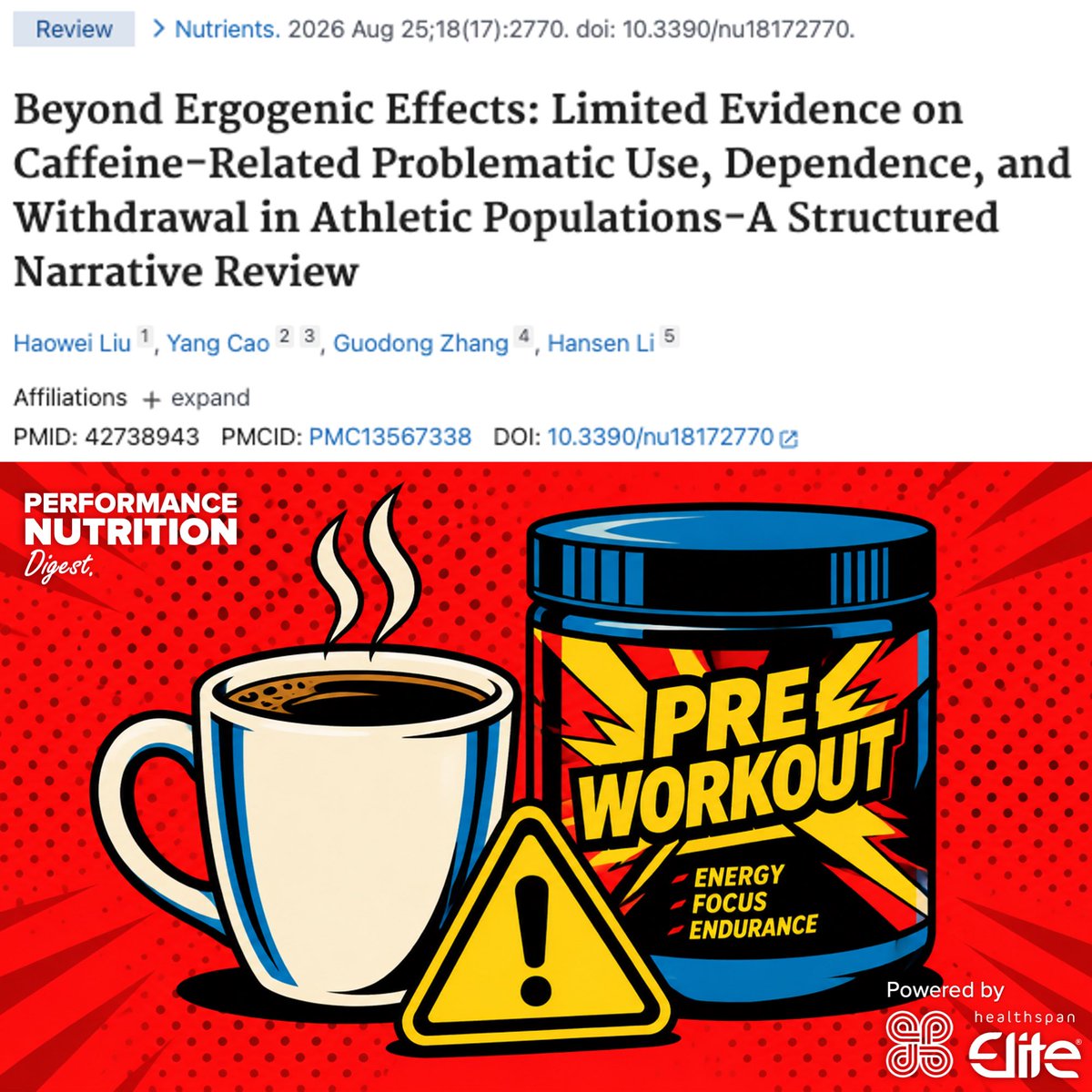 tecoughlin's tweet photo. Problematic caffeine use in athletes ☕⚠️

This new review searched the literature on caffeine dependence, problematic use, withdrawal and misuse in athletic populations, but found only 4 directly relevant studies 🔍

📚 The evidence included one cross-sectional study, two controlled withdrawal experiments and one historical analysis of caffeine misuse in competitive cyclists

Here are the key findings ⬇️
 
🧠 In 300 university sport students, higher caffeine-use-disorder questionnaire scores were associated with greater anxiety and slower Stroop reaction time

⚠️ However, this was cross-sectional and questionnaire-based, so it cannot establish caffeine use disorder or causality

🚴 In 12 well-trained cyclists and triathletes, 4 days of caffeine withdrawal caused symptoms in 11 participants

🤕 Headache was reported by 9/12, fatigue by 8/12 and reduced focus or motivation by 5/12

☕ Acute caffeine still improved cycling performance by ~3.0% after withdrawal and ~3.6% without withdrawal

↔️ This suggests caffeine’s ergogenic effect is not simply reversal of withdrawal

🚴 A second experiment in 6 habitual high-caffeine users (~761 mg/day) found all participants experienced withdrawal symptoms lasting 2–4 days

😣 Symptoms included severe headache, fatigue, lethargy and flu-like feelings

📈 Caffeine improved endurance regardless of whether athletes had undergone 0, 2 or 4 days of withdrawal

The review could not estimate how common caffeine dependence or use disorder is in athletes, because athlete-specific diagnostic data are essentially absent 🚫

High caffeine intake alone should not be considered dependence; more meaningful warning signs include difficulty reducing intake, withdrawal-driven use, continued use despite harm and functional impairment ☝️

Sleep disruption may be particularly relevant in athletes because late caffeine use could impair recovery and encourage further caffeine use the following day 😴 

For athletes, caffeine remains a well-supported ergogenic aid, but practitioners should monitor not just dose and timing, but also sleep, anxiety, withdrawal symptoms and whether athletes feel unable to reduce intake despite negative consequences ✅

Reference:

https://t.co/YWUAS4LOSh

Subscribe to https://t.co/kPsQssm5ut FREE to receive your daily study breakdown, straight to your inbox or via the Substack app 📥

Powered by https://t.co/V0YqjzPGsK⚡️