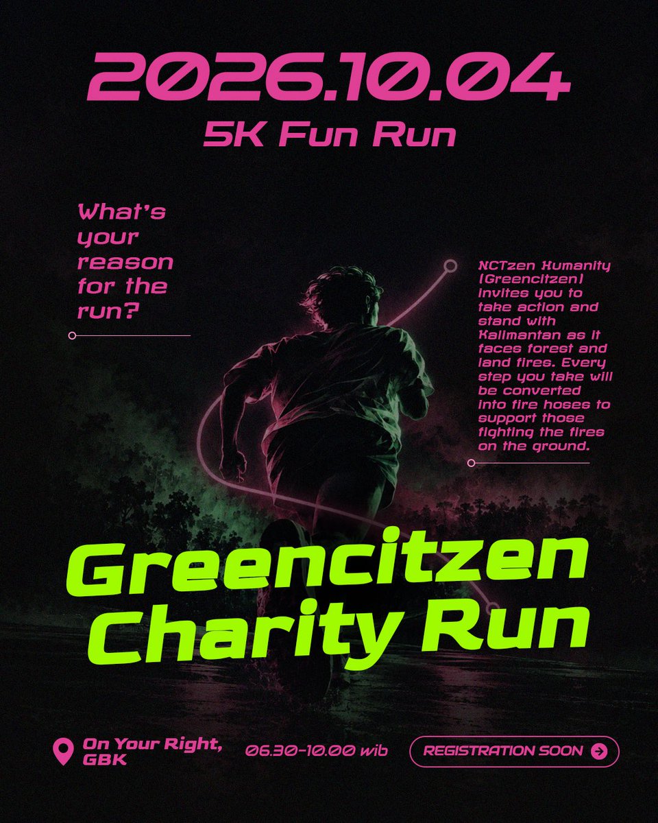 greencitzen's tweet photo. [FREE EVENT]

Greencitzen Charity Run! 💚

Setiap langkah teman-teman akan kami konversikan menjadi bantuan berupa selang pemadam kebakaran untuk pemadaman kebakaran hutan di Kalimantan. 💚

Tunggu info pendaftaran segera! https://t.co/ihQ5qPPz6G