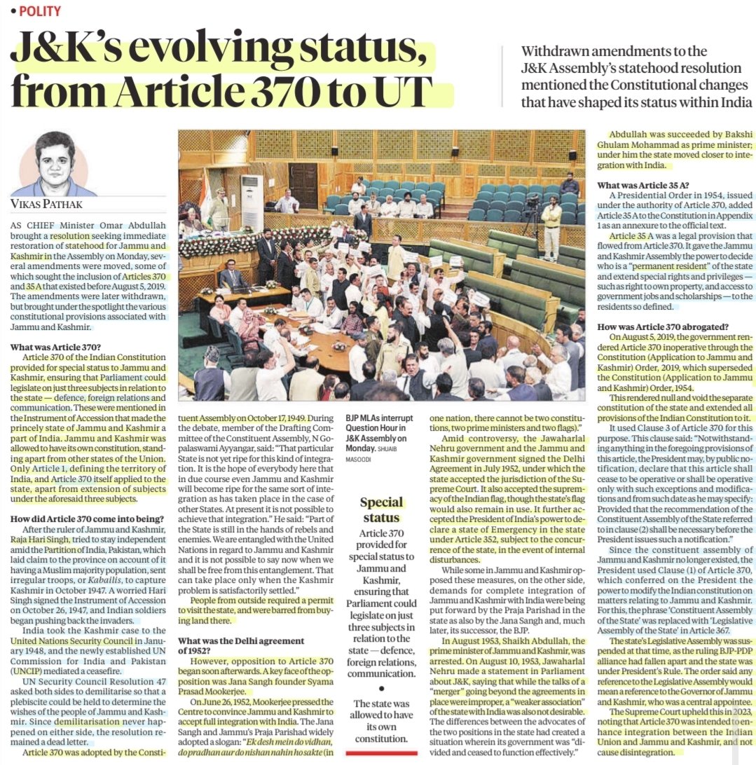 imRavikantYadav's tweet photo. J&amp;K's evolving status, from Article 370 to UT

:An informative article by Sh Vikas Pathak
@vikaspathak76

#Article370
#article35A #PermanentResident #JammuKashmir #Statehood #UnionTerritory #Constitution 
#Law #Polity

#UPSC 

Source: IE https://t.co/tZB9rTRB52