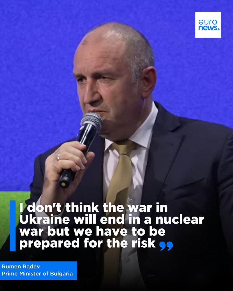 euronews's tweet photo. "I don't think the war in Ukraine will end in a nuclear war but we have to be prepared for the risk."

Bulgarian Prime Minister Rumen Radev tells #TheEuropeConversation at #EuronewsDefenceSpace2026. https://t.co/D73hcF4Ua3