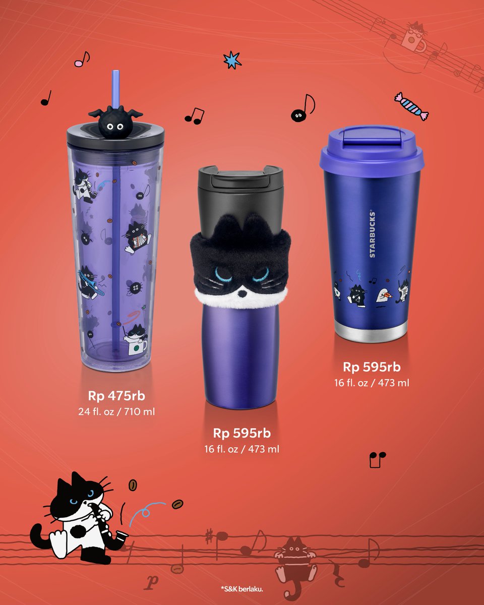SbuxIndonesia's tweet photo. The Spooky Meowchestra has arrived to play music for this season 🐈‍⬛🎻

A collection that mixes cats, music, and that mysterious mood that makes October feel different.

Jadi, mana yang masuk top wishlist kamu? The sheet music tumbler, yang ada glow in the dark cat-sleeve, atau tumbler with the straw? 🎃🎻

Mampir ke store terdekat dan liat langsung all the spooky collection! ☕️🖤