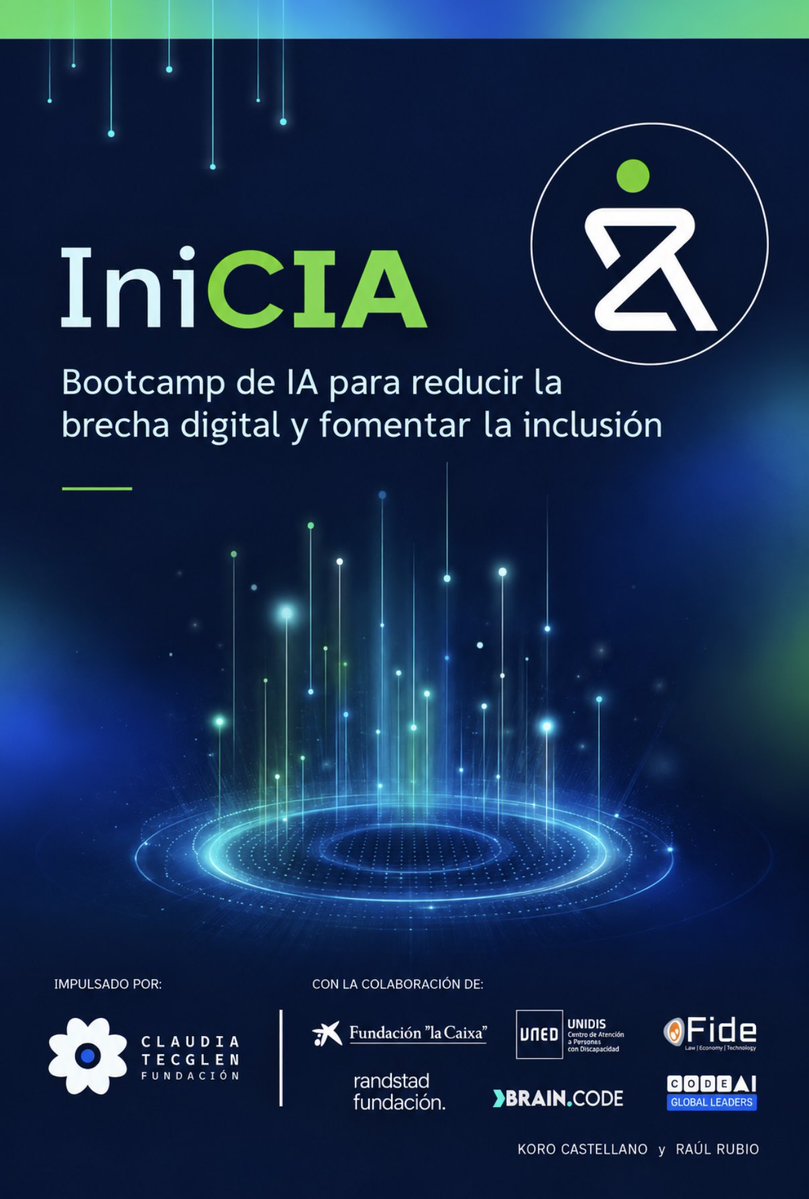 GeneracionCode's tweet photo. Nace IniCIA, un bootcamp de IA 100% gratuito y accesible para personas con discapacidad de la Fundación Claudia Tecglen.  Un orgullo impulsar este proyecto junto a Fundación ”la Caixa”, Fundación FIDE, Fundación Randstad, Brain and Code, la UNED y UNIDIS. https://t.co/SHRI5HmiRt