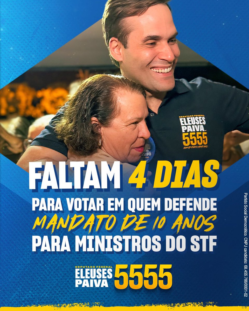 eleusespaivaf's tweet photo. Eu acredito em um país mais justo e com equilíbrio entre os poderes!

Vou lutar por isso!

Domingo é ELEUSES PAIVA 5️⃣5️⃣5️⃣5️⃣ para Deputado Federal ✅

PROPAGANDA ELEITORAL. Partido Social Democrático - CNPJ: 68.455.766/0001-02 https://t.co/Jl1iCVGsp2