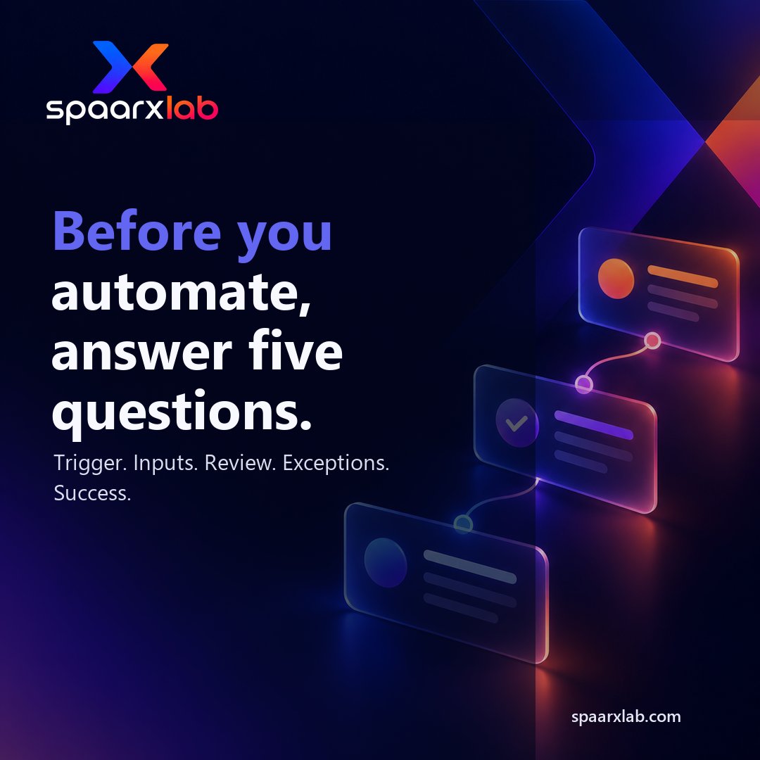 spaarxlab's tweet photo. ✅ Before you   automate, answer five questions. A useful automation starts with five   answers: trigger, inputs, review, exceptions, and success. 

Save this   checklist for your next automation project.
 
#WorkflowAutomation   #ProcessAutomation https://t.co/txtbMrffFj