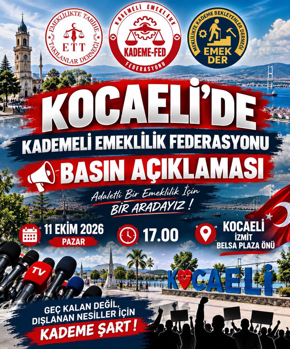 EmekDerResmi's tweet photo. 📢 EMEKLİLİKTE KADEME BEKLEYENLERİN SESİ KOCAELİ’DEN YÜKSELİYOR!

Yıllarca çalıştık, primlerimizi ödedik, alın terimizi ortaya koyduk.
Şimdi talebimiz açık: Emeğimizin ve ödediğimiz primlerin karşılığını istiyoruz.

📍 KOCAELİ BASIN AÇIKLAMASI
🗓 11 Ekim Pazar
⏰ 17.00
📌 Sabri Yalım Parkı – İzmit

8 Eylül’de işe giren emekli olurken, 9 Eylül’de işe giren neden yıllarca daha fazla çalışmak zorunda?

Bu yalnızca bir tarih meselesi değil; çalışma hayatında adalet meselesidir.

Kocaeli’den güçlü bir ses yükseliyor:

PRİMİMİZ VAR, EMEĞİMİZ VAR, HAKKIMIZI İSTİYORUZ!

🤝 Birlikte güçlüyüz.
Birlikte başaracağız.
@yenipartiyiz @ozgurozeliletsm @iyiparti @AvEnderOuz1 @Emegin_Halleri @diskinsesi @ArzuCerkezoglu @gamzetascier @BirGun_Gazetesi 
@harunyildizli1 @nail_ciler @kanko_muhip @erdemarcanyeni @LutfuTurkkan @YS_Turkoglu @ridvanuz17 @aycataskent @UmitDikbayir @iyipartikocaeli 

@KademeFed @EmekDerResmi @ETTDER1999

#KademeHakkımız