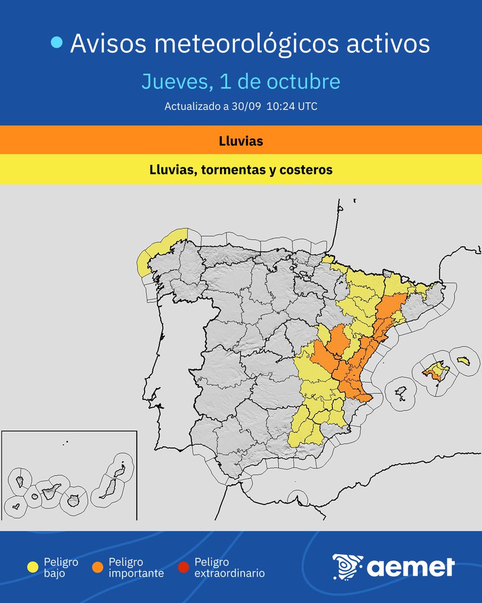 AEMET_Esp's tweet photo. ⚠️ Situación muy adversa en los próximos días en amplias zonas del este peninsular, especialmente el área mediterránea.

⛈️ Chubascos muy fuertes y persistentes a partir del  jueves por la tarde en áreas de Cataluña, Aragón, Castilla-La Mancha, Comunitat Valenciana y Baleares. https://t.co/Zn1N0TfnCB