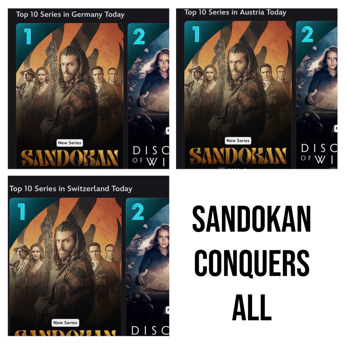 CanYamanNewsInt's tweet photo. 🇩🇪 🇦🇹 🇨🇭 📺 | 24 hours after the quiet release of first 2 episodes on Disney plus platform Germany, Austria and Switzerland #Sandokan series staring #CanYaman  and international cast has delivered no 1 position triple lock. 

2 Episodes will be released every week in the usual Disney plus style. 

The force is strong with Sandokan 🧿 

Congratulations on the superb dubbing to all the German voice actors.