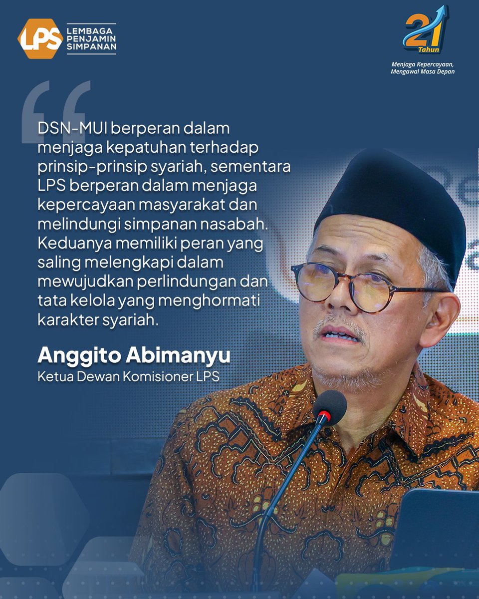 lps_idic's tweet photo. Sahabat LPS, riset, fatwa, dan kebijakan perlu berjalan beriringan untuk memperkuat ekosistem keuangan syariah.

Dalam Rapat Pleno DSN-MUI ke-61 tahun 2026, Prof. Anggito Abimanyu, Ketua Dewan Komisioner LPS, menyampaikan pentingnya riset sebagai landasan dalam mendukung pengembangan fatwa ekonomi syariah yang responsif terhadap perkembangan zaman.

Melalui sinergi yang kuat, ekosistem keuangan syariah diharapkan terus berkembang secara adaptif dan inklusif, serta semakin dekat dengan kebutuhan masyarakat.

#LPSIndonesia #AyoNabungdiBank #KuAmanAdaLPS #SahabatNasabahIndonesia