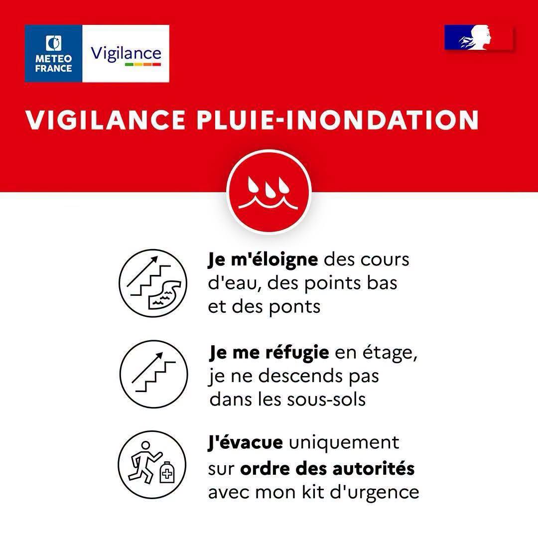 Prefet30's tweet photo. #VigilanceRouge 🔴 Les services de Météo-France ont placé le Gard en vigilance rouge PLUIE-INONDATION et vigilance orange ORAGES et CRUES.
⚠️ Il est important de respecter les consignes de sécurité :
- Rester chez soi
- Se tenir informé auprès des autorités
- Éviter tout déplacement
- S'éloigner des cours d'eau, des points bas et des ponts
🚧Ne pas s'engager sur une route immergée ou fermée. Quelques centimètres d'eau peuvent suffire pour emporter un véhicule.
La cellule de crise des services de l'État est mobilisée.
Retrouvez toutes les informations liées au phénomène météo sur : https://t.co/0Gt7JP7cTQ