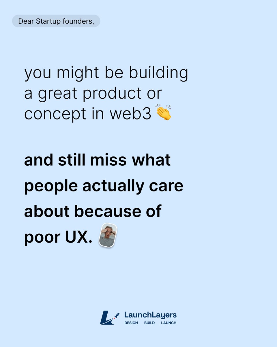 Launchlayers's tweet photo. Great products can still fail when the UX gets in the way.

We design and build Web3 products that are clear, intuitive, and easy to use.

#Web3 #launchlayers #Startup #buildinpublic #businessdaily https://t.co/PdNd3FE4P9