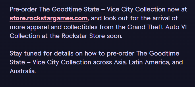 A dark screen with text promoting pre-orders for 'The Goodtime State – Vice City Collection' at store.rockstargames.com, with a link highlighted in pink.