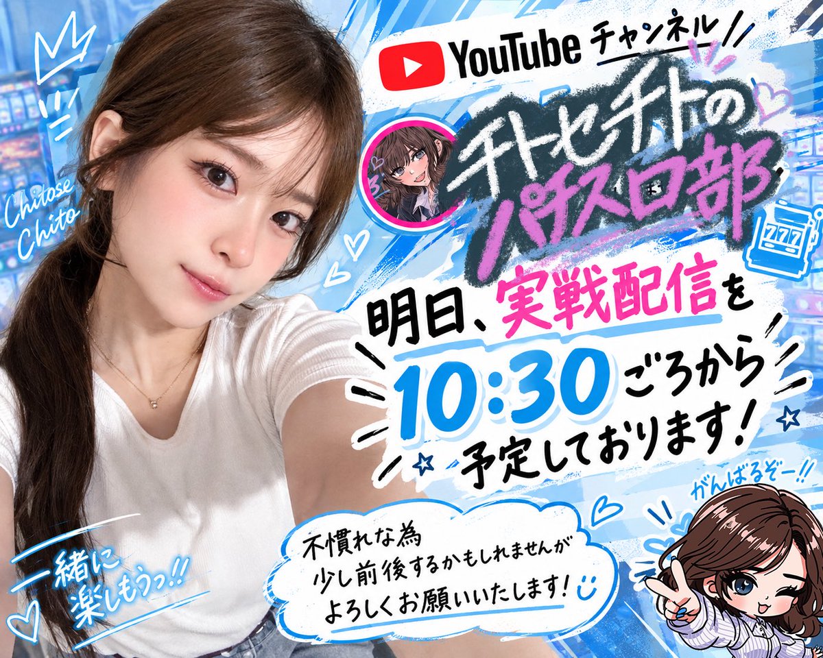 chitose_chito_'s tweet photo. 🎰✨明日、実戦配信します！！✨🎰

明日10:30ごろから
YouTube【チトセチトのパチスロ部】にて
実戦配信を予定しております📺🔥

まだまだ不慣れなため、
開始時間が少し前後する可能性があります🙇🏻‍♀️💦

ドキドキの新チャンネル配信…！
ぜひ一緒に楽しんでもらえたら嬉しいです🥹🫶🏻

🔔チャンネル登録＆通知ONも
よろしくお願いします！！

明日、10:30ごろ部員集合です！！🎰🔥

#チトセチトのパチスロ部