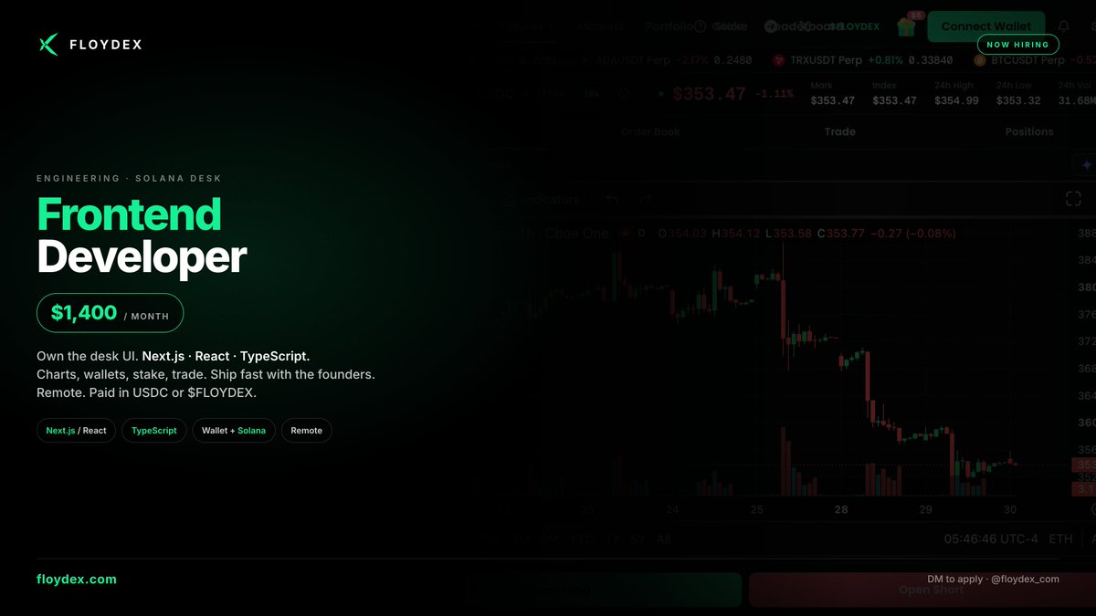 floydex_com's tweet photo. We are hiring a Frontend Developer $1,400/month

Own the Floydex UI.

Next.js · React · TypeScript.
Charts, wallets, stake, trade.

Ship fast with the founders directly.
Remote. 

Paid in USDC or $FLOYDEX.

Type the first feature you'll build at @floydex_com in the comments.  

TG: https://t.co/txp7Hkhxcd
Live: https://t.co/FUCoKX0slo
