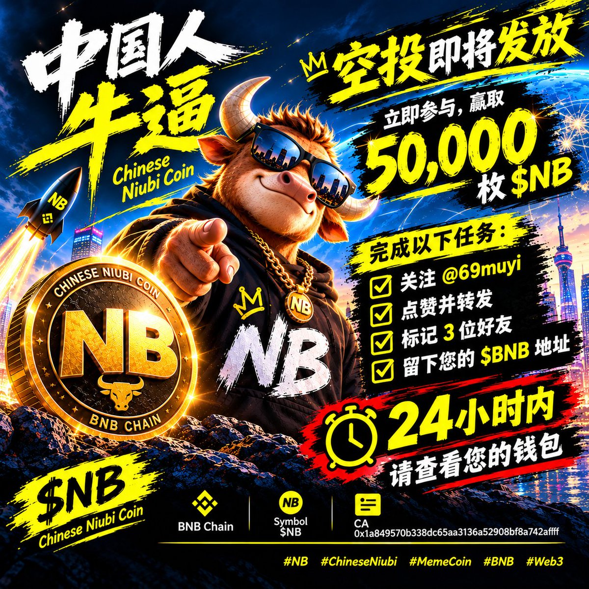 69muyi's tweet photo. 空投即将发放——立即参与，赢取 50,000 枚 $NB

完成以下任务：

✅ 关注 @69muyi
✅ 点赞并转发
✅ 标记 3 位好友
✅ 留下您的 $BNB 地址

24小时后请查看您的钱包 ⏰ https://t.co/Mh80qkeYGK