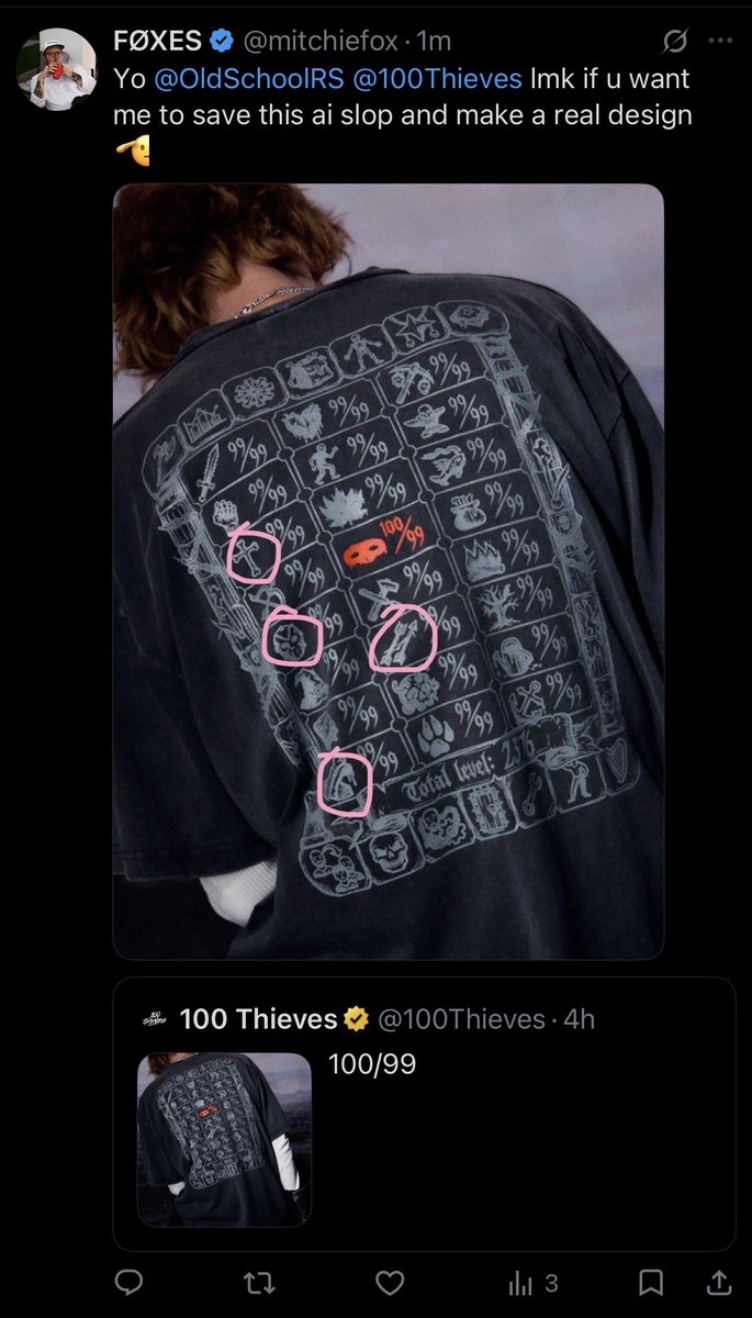 mitchiefox's tweet photo. Shortly after I did a merch collab with @OldSchoolRS they started running merch replicating the style I was known for instead of working with me again. I never said anything publicly but reached out privately about it multiple times kindly pointing it out and saying if they liked my style I’d love to work with them again & had no success of a real reply. Recently I saw with their @RuneFest merch that they have completely ripped another creators design who had also been reaching out for months trying to work with them. And now with their most recent collab with @100Thieves was ai slop merch that the posts of have now been deleted after being called out. It is incredibly frustrating to see this be a continued thing from a company who seems to support a lot of creators but is ripping designs from artists and using ai instead of working with the countless extremely talented artists in this community. I held my tongue when it was just something that happened to me but seeing it be an ongoing thing is incredibly disappointing to say the least.