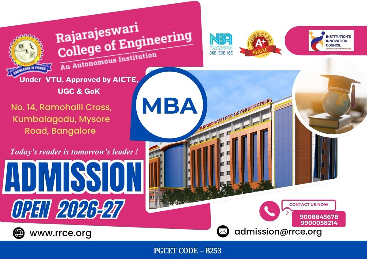 rrceblr's tweet photo. ๐โจ #ADMISSIONS_OPEN_2026โ27 | #MBA @ #RRCE ๐๐ผ
๐ Build Leadership, Management & Career-Ready Skills!
๐ PGCET Code: B253
๐ 90088 45678 | 99000 58214
๐ #Apply_Now: https://t.co/DCS4eSe85K
#MBAAdmissions #PGCET #MBA_Admissions #Future_Leaders https://t.co/zYImmNFpQe
