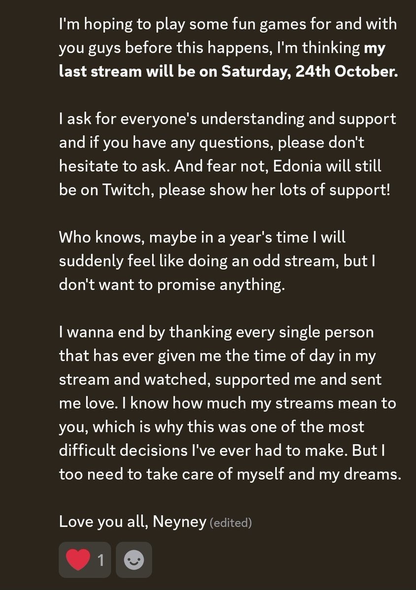 Neytira_R's tweet photo. Announcement!
I will be retiring from streaming, my last stream will be 24th October
I ask for everyone's support 🙏🏻💕

Please see my discord text here: https://t.co/wx0EAV64Pu