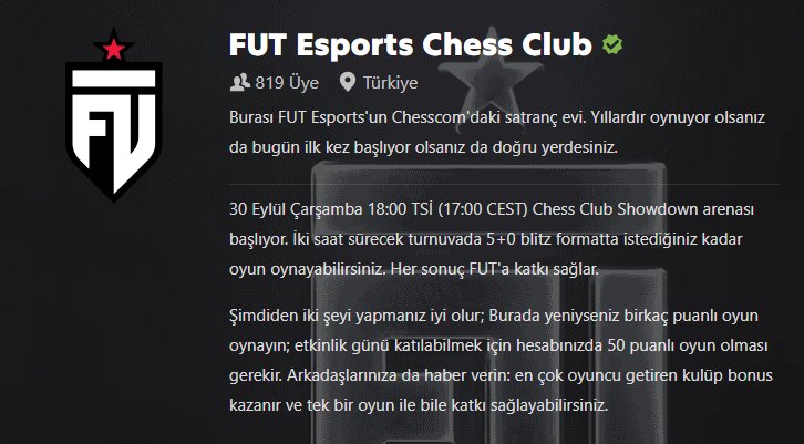 FUTesportsgg's tweet photo. Değerli satranç severler,

@sabopasha ile birlikte FUT Esports Chess Club kuruldu ✨️

Bu akşam saat 18.00'de (TSI) FUT Esports Chess Club olarak, Chess Club Showdown'da Magnus Carlsen'in satranç kulübüne karşı mücadele edeceğiz. 

Kulübümüze katılıp FUT Esports adına turnuvada yerinizi alabilirsiniz.

Hepinizi bekliyoruz 🫶

🔗 https://t.co/TT1zQczBnx