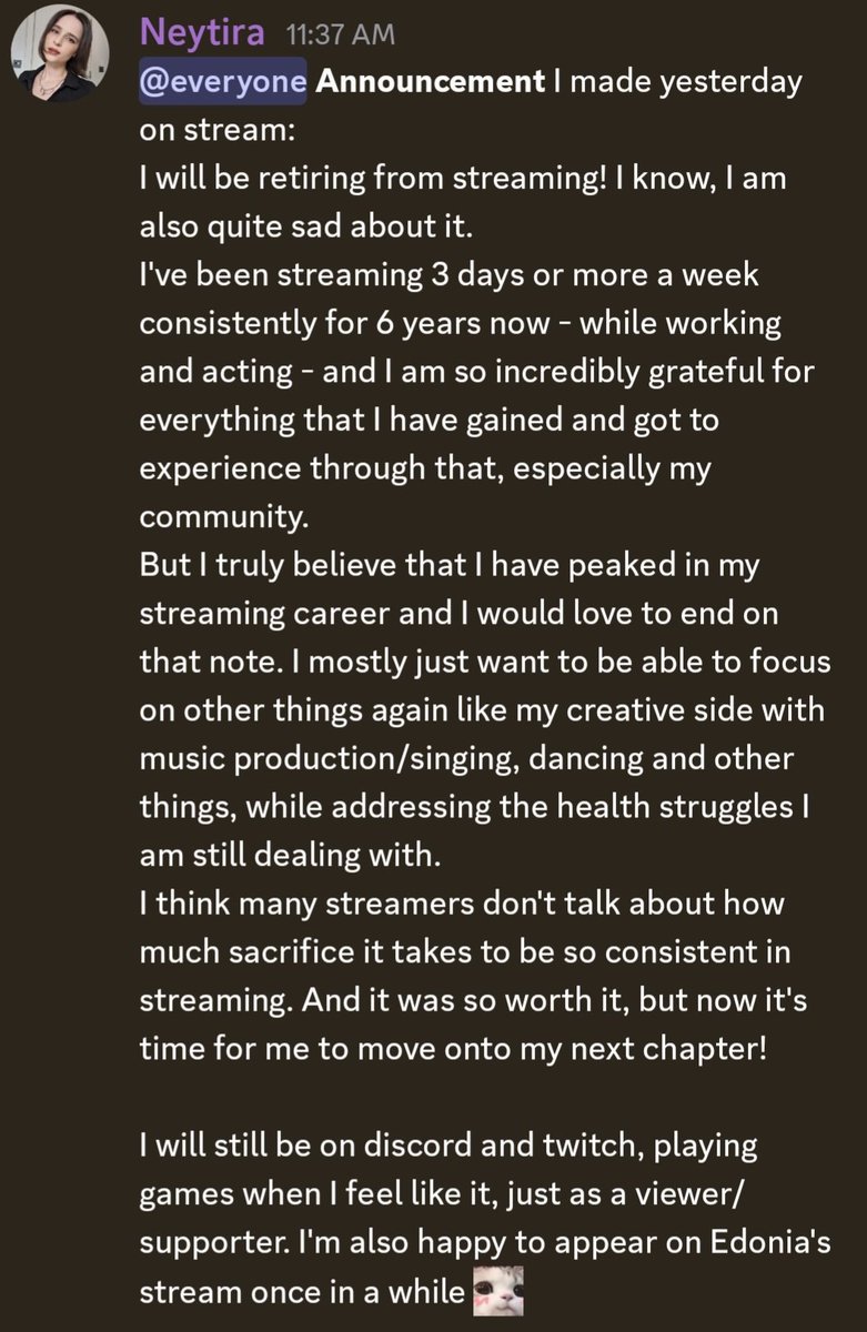 Neytira_R's tweet photo. Announcement!
I will be retiring from streaming, my last stream will be 24th October
I ask for everyone's support 🙏🏻💕

Please see my discord text here: https://t.co/wx0EAV64Pu