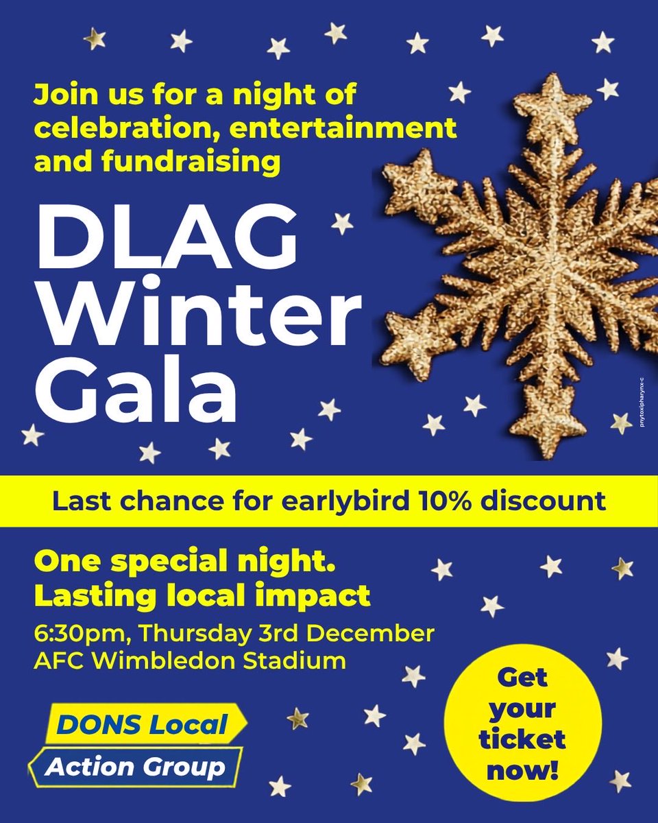 DonsLocalAction's tweet photo. 📢 Last chance for 10% off DLAG Winter Gala tickets!

Book for just £45 with code EARLYBIRD10

🎭 Comedy
🎶 Live music
🍽️ Food &amp; fundraising activities

Every ticket helps support our vital work 🤝

Book now: https://t.co/GaFS9DPv84 https://t.co/1By4Xo7OGs