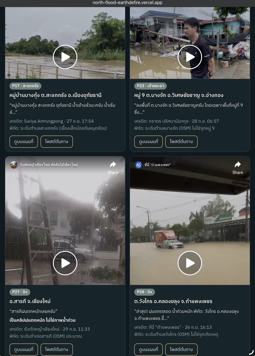 EarthDeFIRE's tweet photo. 🚨 Website เช็ค: "มวลน้ำเหนือหลากเต็มลำน้ำเจ้าพระยา" ยกระดับเตือนภัย เขื่อนเจ้าพระยาเร่งระบาย 2,200 ลบ.ม./วิ กระทบหนัก 6 จังหวัดท้ายเขื่อน 21 อำเภอ และเฝ้าระวังรวมกว่า 13 จังหวัดริมน้ำ!

🌐 ดูภาพรวมการเดินทางของน้ำเหนือ & สถานการณ์ระดับน้ำสดทั้งระบบ: https://t.co/8cJ8kXa1JK

📲 โปรดช่วยกันส่งต่อข้อความนี้ให้ญาติสนิท มิตรสหาย ในพื้นที่ตลอดแนวลุ่มน้ำเจ้าพระยา ลุ่มน้ำสาขา และพื้นที่รับน้ำผัน รับทราบโดยเร็วที่สุดครับ! การเตรียมพร้อมล่วงหน้าช่วยรักษาชีวิตและลดความเสียหายได้มหาศาล

จากการมอนิเตอร์ระดับน้ำและสถานีโทรมาตรล่าสุด สถานการณ์มวลน้ำเหนือมีแนวโน้มยกตัวสูงขึ้นทั้งระบบลุ่มน้ำ:

1. มวลน้ำต้นทางสายปิง: ฝนตกหนักแถบกำแพงเพชร ดันน้ำผ่านสถานี P.7A กระโดดแตะ 1,700 ลบ.ม./วิ สมทบแม่น้ำสะแกกรัง (อุทัยธานี) มุ่งหน้าสู่ปากน้ำโพ
2. จุดรวมปากน้ำโพ (สถานี C.2): น้ำไหลผ่านนครสวรรค์กว่า 2,326 ลบ.ม./วิ ไหลหลากเข้าสู่เหนือเขื่อนเจ้าพระยา
3. เขื่อนเจ้าพระยา จ.ชัยนาท: ปรับเพิ่มการระบายเป็น 2,200 ลบ.ม./วิ และเบี่ยงเข้าคลองชลประทานซ้าย-ขวากว่า 500 ลบ.ม./วิ ส่งผลให้น้ำท้ายเขื่อนยกตัวสูงขึ้นอีก 0.20 - 0.30 เมตร ชุมชนริมน้ำและนอกแนวคันกั้นน้ำเสี่ยงน้ำล้นตลิ่งเต็มระบบ!

📍 พื้นที่เฝ้าระวังรายจังหวัดและอำเภอเสี่ยง:

🔴 [โซนที่ 1: วิกฤตสูงสุดท้ายเขื่อน - 6 จังหวัด 21 อำเภอริมเจ้าพระยา & แม่น้ำน้อย]

1. จ.ชัยนาท: อ.สรรพยา (จุดรับแรงกระแทกมวลน้ำระบายตรงจากเขื่อน)
2. จ.สิงห์บุรี: อ.อินทร์บุรี, อ.เมืองสิงห์บุรี, อ.พรหมบุรี (พื้นที่ตลิ่งต่ำ ระดับน้ำจ่อล้น)
3. จ.อ่างทอง: อ.ไชโย, อ.เมืองอ่างทอง, อ.ป่าโมก และ อ.วิเศษชัยชาญ (แนวคลองโผงเผง และลำน้ำน้อย)
4. จ.พระนครศรีอยุธยา: อ.ผักไห่, อ.เสนา, อ.บางบาล, อ.บางซ้าย, อ.พระนครศรีอยุธยา, อ.บางปะอิน, อ.บางไทร, อ.ลาดบัวหลวง (พื้นที่ลุ่มต่ำทุ่งรับน้ำ และจุดบรรจบแม่น้ำป่าสัก)
5. จ.ปทุมธานี: อ.สามโคก, อ.เมืองปทุมธานี (ชุมชนริมตลิ่งนอกแนวคันกั้นน้ำ)
6. จ.นนทบุรี: อ.ปากเกร็ด, อ.เมืองนนทบุรี, อ.บางกรวย (พื้นที่ริมสองฝั่งแม่น้ำและคลองสาขา)

🟠 [โซนที่ 2: ต้นทางมวลน้ำ & จุดบรรจบลำน้ำเหนือเขื่อน]

7. จ.กำแพงเพชร: อ.เมืองกำแพงเพชร, อ.คลองขลุง, อ.ขาณุวรลักษบุรี (เฝ้าระวังแม่น้ำปิงหลากเร็ว)
8. จ.นครสวรรค์: อ.ชุมแสง, อ.เมืองนครสวรรค์ (C.2 ปากน้ำโพ), อ.โกรกพระ, อ.พยุหะคีรี
9. จ.อุทัยธานี: อ.เมืองอุทัยธานี (แนวแม่น้ำสะแกกรังไหลสมทบเหนือเขื่อน)

🟡 [โซนที่ 3: แนวผันน้ำชลประทาน & พื้นที่ปลายน้ำ/จุดปะทะน้ำทะเลหนุน]

10. จ.สุพรรณบุรี: อ.เดิมบางนางบวช, อ.สามชุก, อ.เมืองสุพรรณบุรี, อ.บางปลาม้า, อ.สองพี่น้อง (แนวรับน้ำผันฝั่งตะวันตกเข้าแม่น้ำท่าจีน)
11. จ.ลพบุรี: อ.บ้านหมี่, อ.เมืองลพบุรี (แนวรับน้ำผันฝั่งตะวันออกผ่านคลองชัยนาท-ป่าสัก)
12. กรุงเทพมหานคร: ชุมชนริมแม่น้ำเจ้าพระยานอกแนวคันกั้นน้ำ และจุดฟันหลอ (เขตดุสิต, พระนคร, สัมพันธวงศ์, บางพลัด, คลองสาน, บางกอกน้อย ฯลฯ)
13. จ.สมุทรปราการ: อ.เมืองสมุทรปราการ, อ.พระประแดง, อ.พระสมุทรเจดีย์ (ปากแม่น้ำออกอ่าวไทย เฝ้าระวังช่วงน้ำทะเลหนุนสูงดันท้ายน้ำระบายไม่ออก)

⚠️ ข้อแนะนำเร่งด่วน:

1. ยกของขึ้นที่สูงทันที: สำหรับบ้านริมน้ำนอกแนวคันกั้นน้ำ ยกสูงไม่ต่ำกว่า 1.0 - 1.5 เมตร จากระดับเดิม
2. เคลื่อนย้ายยานพาหนะ: นำรถยนต์ มอเตอร์ไซค์ ไปจอดบนที่ดอนหรือจุดรวมพลปลอดภัย
3. ตัดระบบไฟฟ้าจุดเสี่ยง: สับเบรกเกอร์/ยกคัตเอาต์ชั้นล่าง ป้องกันไฟรั่วเมื่อมีน้ำเอ่อท่วม
4. ดูแลกลุ่มเปราะบาง: เตรียมแผนอพยพผู้ป่วยติดเตียง ผู้สูงอายุ และเด็ก ไปยังพื้นที่ปลอดภัยล่วงหน้า

📲 โปรดช่วยกันส่งต่อข้อความนี้ให้คนในพื้นที่เสี่ยงทราบโดยเร็วที่สุดครับ!

“อ้างอิงข้อมูลสดจากสถานีวัดน้ำ ThaiWater (สสน.), กรมชลประทาน, กรมทรัพยากรน้ำ และรายงาน สทนช. ล่าสุด: 30 ก.ย. 2569”

#น้ำท่วม69 #น้ำท่วมเจ้าพระยา #น้ำเหนือ #เขื่อนเจ้าพระยา #ลุ่มน้ำเจ้าพระยา #น้ำท่วมอยุธยา #น้ำท่วมอ่างทอง #น้ำท่วมสิงห์บุรี #ปากน้ำโพ #เตือนภัยน้ำท่วม

#EarthDeFIRE จัดทำ & รายงาน 30/09/2026