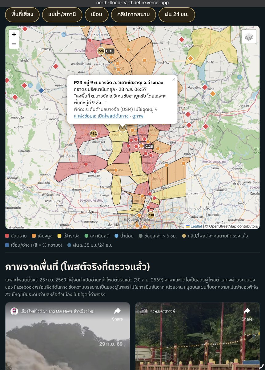 EarthDeFIRE's tweet photo. 🚨 Website เช็ค: "มวลน้ำเหนือหลากเต็มลำน้ำเจ้าพระยา" ยกระดับเตือนภัย เขื่อนเจ้าพระยาเร่งระบาย 2,200 ลบ.ม./วิ กระทบหนัก 6 จังหวัดท้ายเขื่อน 21 อำเภอ และเฝ้าระวังรวมกว่า 13 จังหวัดริมน้ำ!

🌐 ดูภาพรวมการเดินทางของน้ำเหนือ & สถานการณ์ระดับน้ำสดทั้งระบบ: https://t.co/8cJ8kXa1JK

📲 โปรดช่วยกันส่งต่อข้อความนี้ให้ญาติสนิท มิตรสหาย ในพื้นที่ตลอดแนวลุ่มน้ำเจ้าพระยา ลุ่มน้ำสาขา และพื้นที่รับน้ำผัน รับทราบโดยเร็วที่สุดครับ! การเตรียมพร้อมล่วงหน้าช่วยรักษาชีวิตและลดความเสียหายได้มหาศาล

จากการมอนิเตอร์ระดับน้ำและสถานีโทรมาตรล่าสุด สถานการณ์มวลน้ำเหนือมีแนวโน้มยกตัวสูงขึ้นทั้งระบบลุ่มน้ำ:

1. มวลน้ำต้นทางสายปิง: ฝนตกหนักแถบกำแพงเพชร ดันน้ำผ่านสถานี P.7A กระโดดแตะ 1,700 ลบ.ม./วิ สมทบแม่น้ำสะแกกรัง (อุทัยธานี) มุ่งหน้าสู่ปากน้ำโพ
2. จุดรวมปากน้ำโพ (สถานี C.2): น้ำไหลผ่านนครสวรรค์กว่า 2,326 ลบ.ม./วิ ไหลหลากเข้าสู่เหนือเขื่อนเจ้าพระยา
3. เขื่อนเจ้าพระยา จ.ชัยนาท: ปรับเพิ่มการระบายเป็น 2,200 ลบ.ม./วิ และเบี่ยงเข้าคลองชลประทานซ้าย-ขวากว่า 500 ลบ.ม./วิ ส่งผลให้น้ำท้ายเขื่อนยกตัวสูงขึ้นอีก 0.20 - 0.30 เมตร ชุมชนริมน้ำและนอกแนวคันกั้นน้ำเสี่ยงน้ำล้นตลิ่งเต็มระบบ!

📍 พื้นที่เฝ้าระวังรายจังหวัดและอำเภอเสี่ยง:

🔴 [โซนที่ 1: วิกฤตสูงสุดท้ายเขื่อน - 6 จังหวัด 21 อำเภอริมเจ้าพระยา & แม่น้ำน้อย]

1. จ.ชัยนาท: อ.สรรพยา (จุดรับแรงกระแทกมวลน้ำระบายตรงจากเขื่อน)
2. จ.สิงห์บุรี: อ.อินทร์บุรี, อ.เมืองสิงห์บุรี, อ.พรหมบุรี (พื้นที่ตลิ่งต่ำ ระดับน้ำจ่อล้น)
3. จ.อ่างทอง: อ.ไชโย, อ.เมืองอ่างทอง, อ.ป่าโมก และ อ.วิเศษชัยชาญ (แนวคลองโผงเผง และลำน้ำน้อย)
4. จ.พระนครศรีอยุธยา: อ.ผักไห่, อ.เสนา, อ.บางบาล, อ.บางซ้าย, อ.พระนครศรีอยุธยา, อ.บางปะอิน, อ.บางไทร, อ.ลาดบัวหลวง (พื้นที่ลุ่มต่ำทุ่งรับน้ำ และจุดบรรจบแม่น้ำป่าสัก)
5. จ.ปทุมธานี: อ.สามโคก, อ.เมืองปทุมธานี (ชุมชนริมตลิ่งนอกแนวคันกั้นน้ำ)
6. จ.นนทบุรี: อ.ปากเกร็ด, อ.เมืองนนทบุรี, อ.บางกรวย (พื้นที่ริมสองฝั่งแม่น้ำและคลองสาขา)

🟠 [โซนที่ 2: ต้นทางมวลน้ำ & จุดบรรจบลำน้ำเหนือเขื่อน]

7. จ.กำแพงเพชร: อ.เมืองกำแพงเพชร, อ.คลองขลุง, อ.ขาณุวรลักษบุรี (เฝ้าระวังแม่น้ำปิงหลากเร็ว)
8. จ.นครสวรรค์: อ.ชุมแสง, อ.เมืองนครสวรรค์ (C.2 ปากน้ำโพ), อ.โกรกพระ, อ.พยุหะคีรี
9. จ.อุทัยธานี: อ.เมืองอุทัยธานี (แนวแม่น้ำสะแกกรังไหลสมทบเหนือเขื่อน)

🟡 [โซนที่ 3: แนวผันน้ำชลประทาน & พื้นที่ปลายน้ำ/จุดปะทะน้ำทะเลหนุน]

10. จ.สุพรรณบุรี: อ.เดิมบางนางบวช, อ.สามชุก, อ.เมืองสุพรรณบุรี, อ.บางปลาม้า, อ.สองพี่น้อง (แนวรับน้ำผันฝั่งตะวันตกเข้าแม่น้ำท่าจีน)
11. จ.ลพบุรี: อ.บ้านหมี่, อ.เมืองลพบุรี (แนวรับน้ำผันฝั่งตะวันออกผ่านคลองชัยนาท-ป่าสัก)
12. กรุงเทพมหานคร: ชุมชนริมแม่น้ำเจ้าพระยานอกแนวคันกั้นน้ำ และจุดฟันหลอ (เขตดุสิต, พระนคร, สัมพันธวงศ์, บางพลัด, คลองสาน, บางกอกน้อย ฯลฯ)
13. จ.สมุทรปราการ: อ.เมืองสมุทรปราการ, อ.พระประแดง, อ.พระสมุทรเจดีย์ (ปากแม่น้ำออกอ่าวไทย เฝ้าระวังช่วงน้ำทะเลหนุนสูงดันท้ายน้ำระบายไม่ออก)

⚠️ ข้อแนะนำเร่งด่วน:

1. ยกของขึ้นที่สูงทันที: สำหรับบ้านริมน้ำนอกแนวคันกั้นน้ำ ยกสูงไม่ต่ำกว่า 1.0 - 1.5 เมตร จากระดับเดิม
2. เคลื่อนย้ายยานพาหนะ: นำรถยนต์ มอเตอร์ไซค์ ไปจอดบนที่ดอนหรือจุดรวมพลปลอดภัย
3. ตัดระบบไฟฟ้าจุดเสี่ยง: สับเบรกเกอร์/ยกคัตเอาต์ชั้นล่าง ป้องกันไฟรั่วเมื่อมีน้ำเอ่อท่วม
4. ดูแลกลุ่มเปราะบาง: เตรียมแผนอพยพผู้ป่วยติดเตียง ผู้สูงอายุ และเด็ก ไปยังพื้นที่ปลอดภัยล่วงหน้า

📲 โปรดช่วยกันส่งต่อข้อความนี้ให้คนในพื้นที่เสี่ยงทราบโดยเร็วที่สุดครับ!

“อ้างอิงข้อมูลสดจากสถานีวัดน้ำ ThaiWater (สสน.), กรมชลประทาน, กรมทรัพยากรน้ำ และรายงาน สทนช. ล่าสุด: 30 ก.ย. 2569”

#น้ำท่วม69 #น้ำท่วมเจ้าพระยา #น้ำเหนือ #เขื่อนเจ้าพระยา #ลุ่มน้ำเจ้าพระยา #น้ำท่วมอยุธยา #น้ำท่วมอ่างทอง #น้ำท่วมสิงห์บุรี #ปากน้ำโพ #เตือนภัยน้ำท่วม

#EarthDeFIRE จัดทำ & รายงาน 30/09/2026