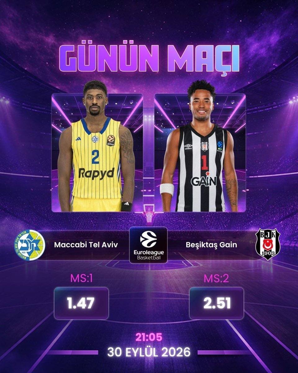avibetofficial's tweet photo. GÜNÜN MAÇI! 💜

Parkede dev kapışma! 🏀✨ 

Beşiktaş Gain, zorlu Maccabi Tel Aviv deplasmanında sahaya çıkıyor! 💜

Parkeden zaferle kim ayrılacak? Tahminini hemen yorumlara yaz! 🟪 https://t.co/UcEf9Xwd8x